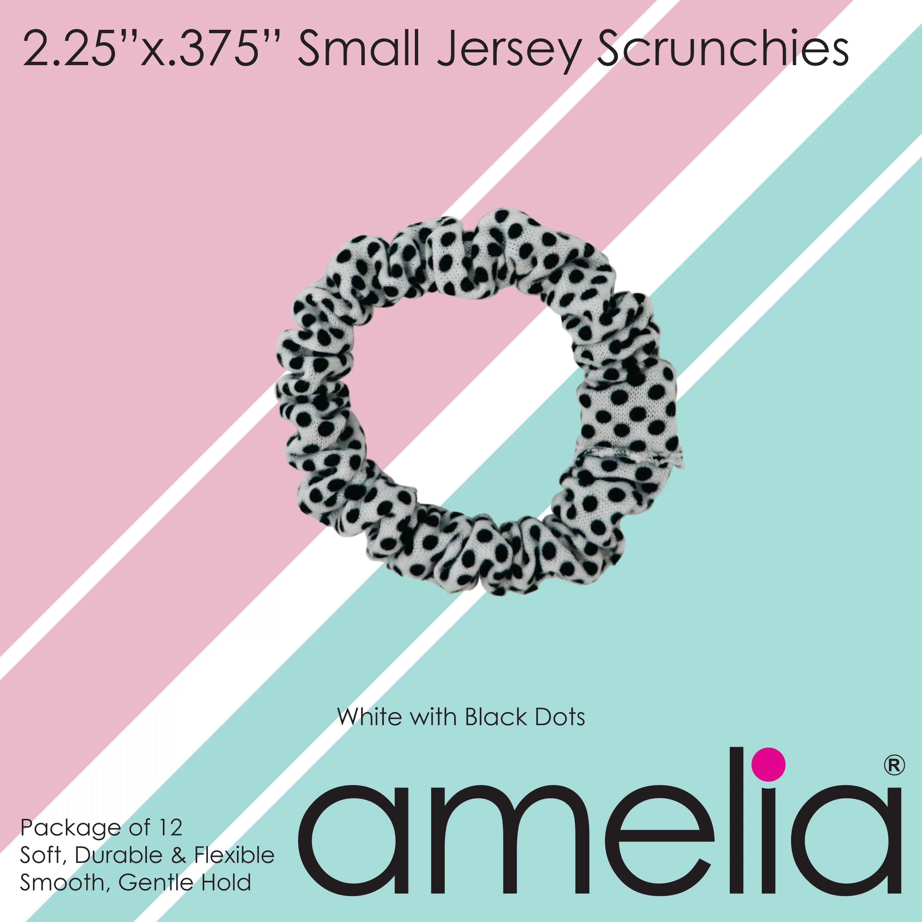 Amelia Beauty, White/Black Stripe Jersey Scrunchies, 2.25in Diameter, Gentle on Hair, Strong Hold, No Snag, No Dents or Creases. 12 Pack