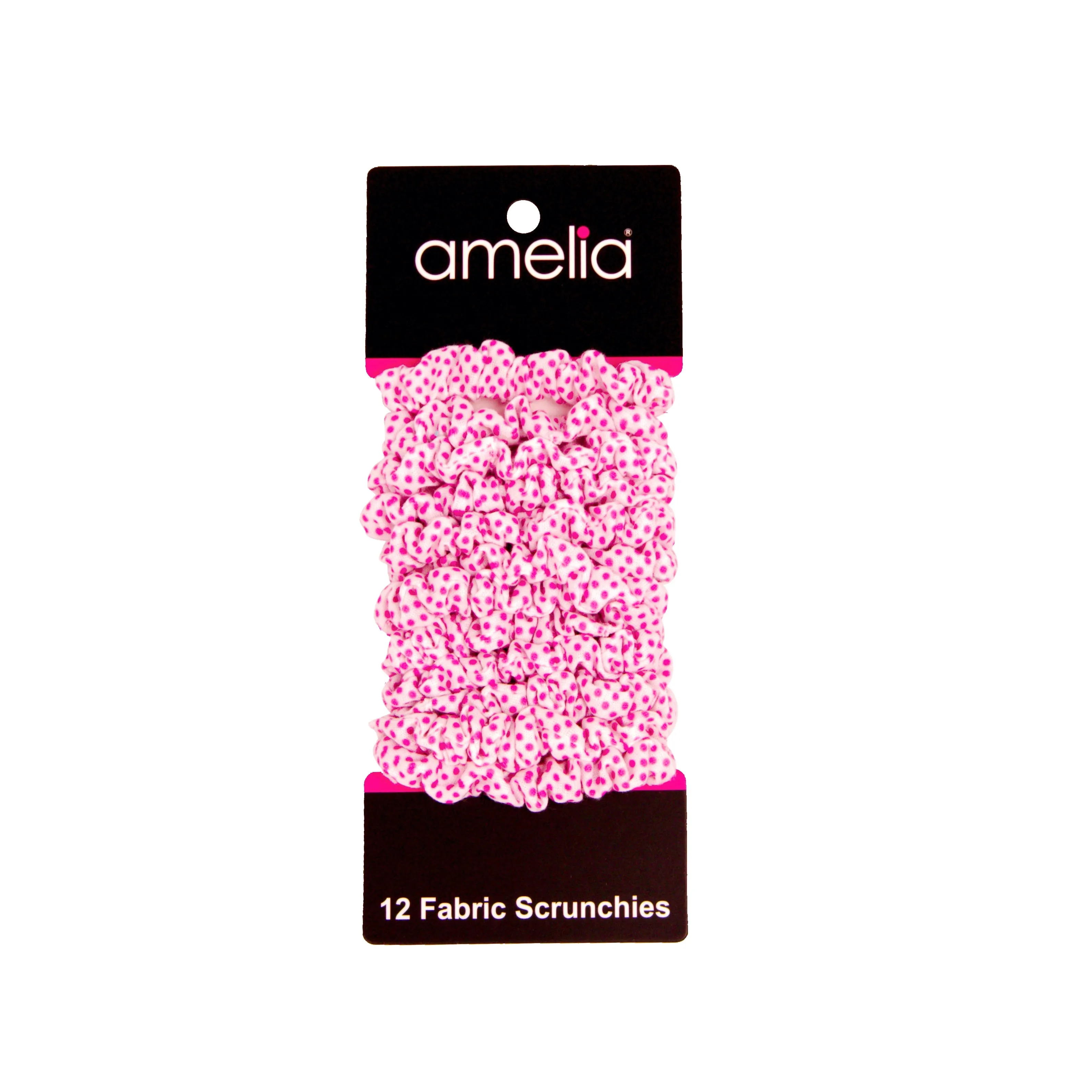 Amelia Beauty, White/Pink Dot Jersey Scrunchies, 2.25in Diameter, Gentle on Hair, Strong Hold, No Snag, No Dents or Creases. 12 Pack