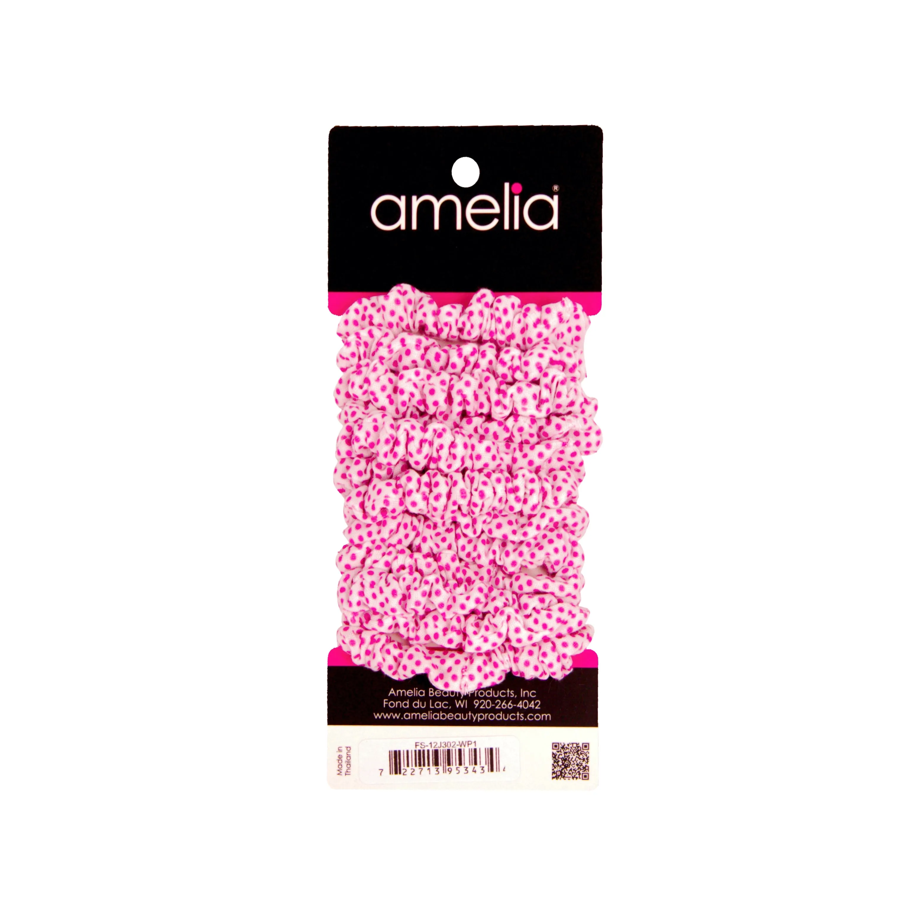 Amelia Beauty, White/Pink Dot Jersey Scrunchies, 2.25in Diameter, Gentle on Hair, Strong Hold, No Snag, No Dents or Creases. 12 Pack