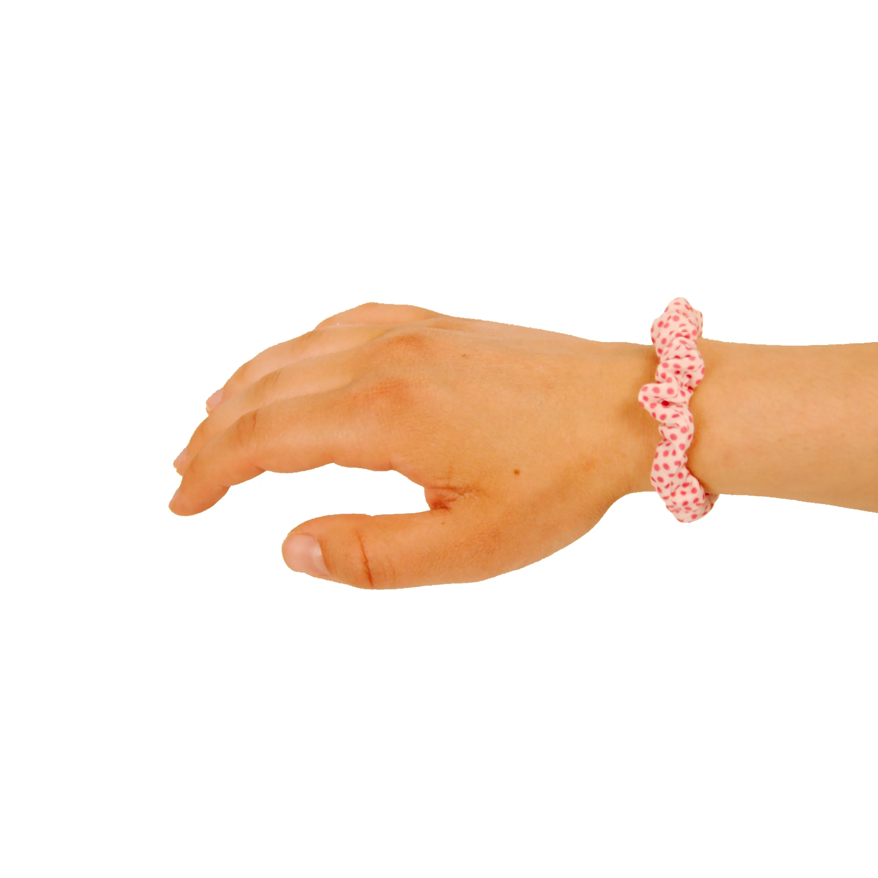 Amelia Beauty, White/Pink Dot Jersey Scrunchies, 2.25in Diameter, Gentle on Hair, Strong Hold, No Snag, No Dents or Creases. 12 Pack