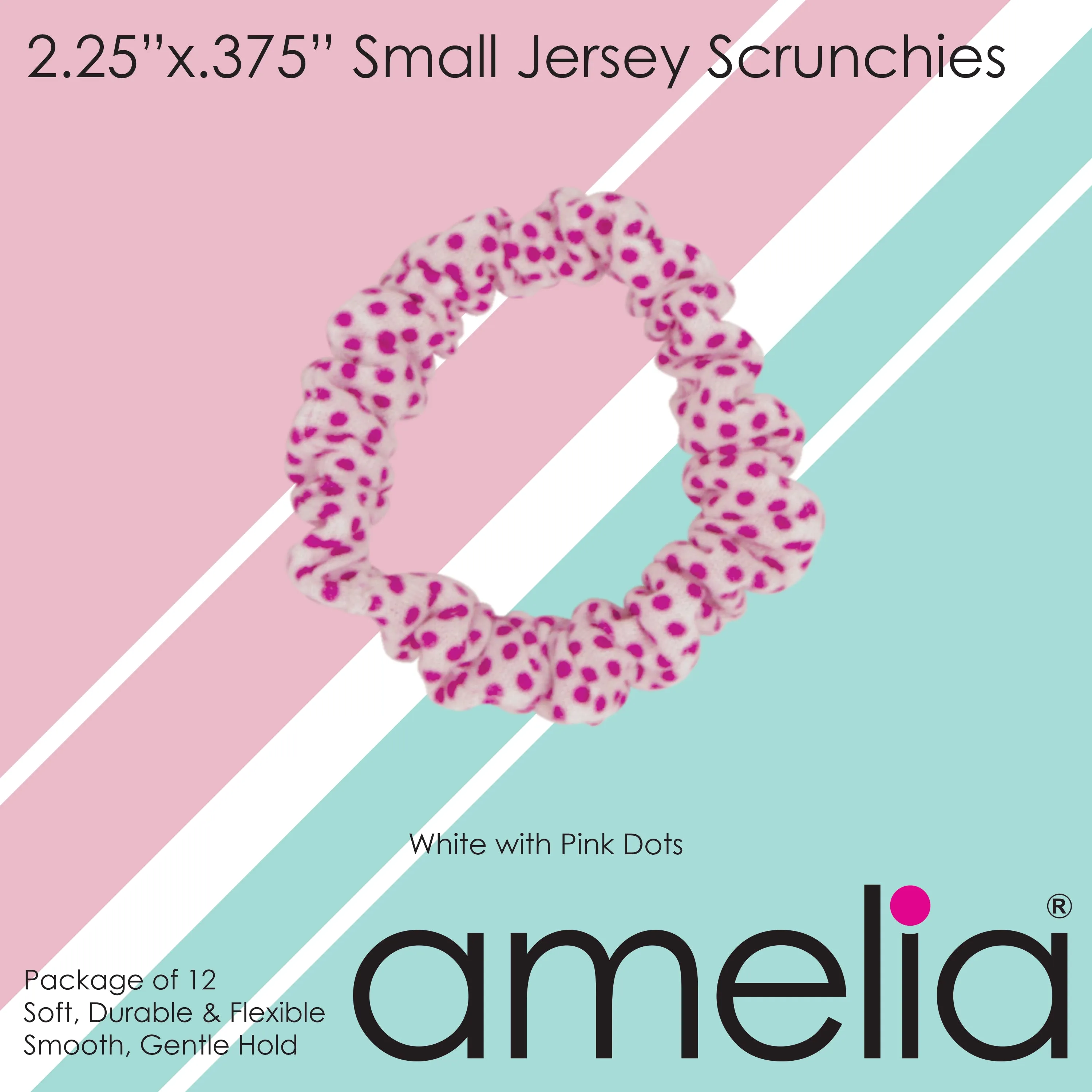 Amelia Beauty, White/Pink Dot Jersey Scrunchies, 2.25in Diameter, Gentle on Hair, Strong Hold, No Snag, No Dents or Creases. 12 Pack