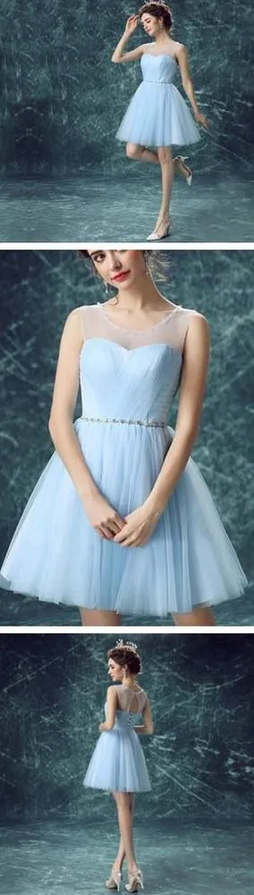 Attractive Light Blue Illusion Tulle Cute homecoming Dress Short Prom dresses, MH161