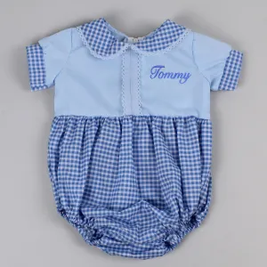 Baby Boys Blue Gingham Summer Romper Personalised