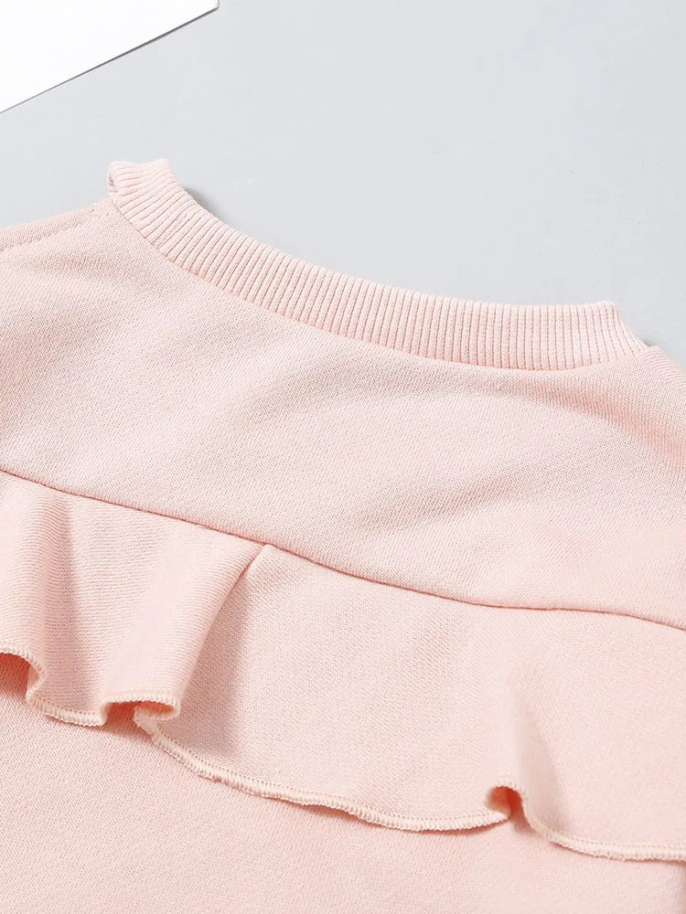Baby Toddler One Off Shoulder Pink Ruffled Sweatshirt