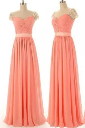 Beaded Chiffon Cap Sleeve Sweetheart Long Bridesmaid Dresses, Simple Prom Dress, MP123