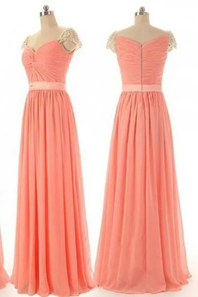 Beaded Chiffon Cap Sleeve Sweetheart Long Bridesmaid Dresses, Simple Prom Dress, MP123