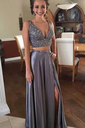 Beaded Silver Floor Length Two Piece Graduation Dress,Prom Dresses, MP423