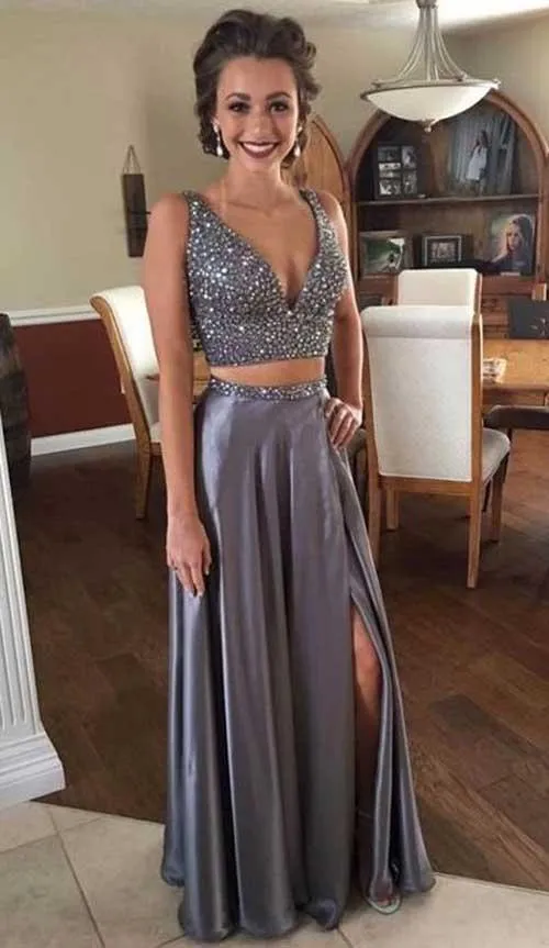 Beaded Silver Floor Length Two Piece Graduation Dress,Prom Dresses, MP423