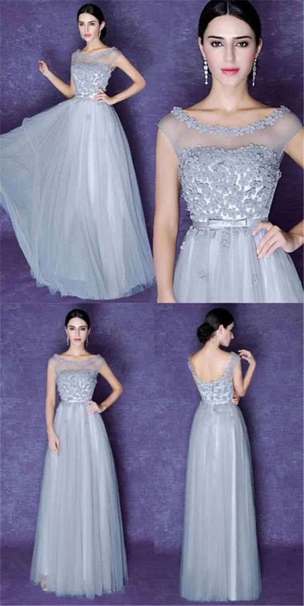 Beautiful Gray Tulle Scoop Neck Prom Dresses, Bridesmaid Dresses, Cocktail Dresses, MB158