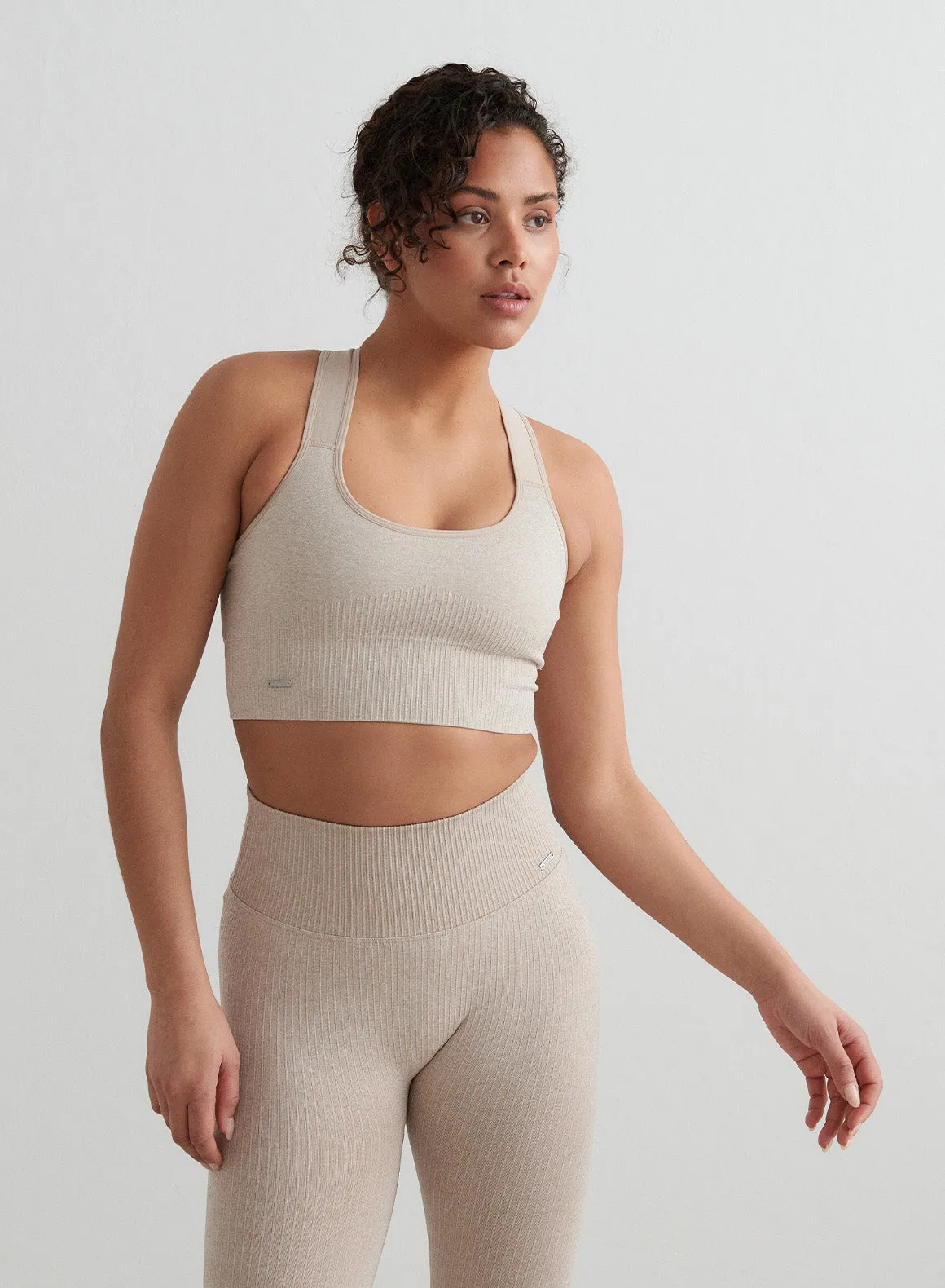 Beige Melange High Support Ribbed Bra
