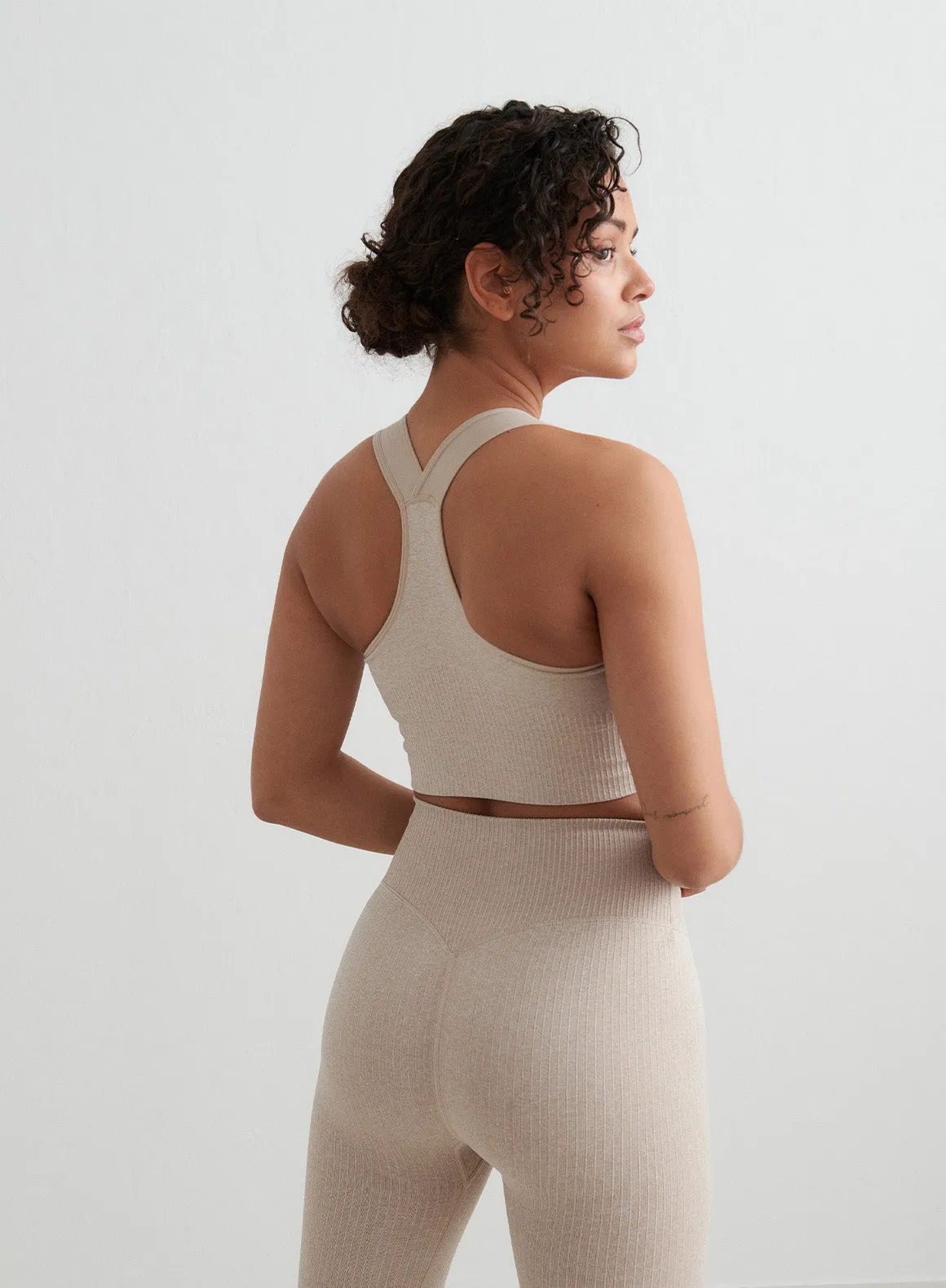 Beige Melange High Support Ribbed Bra