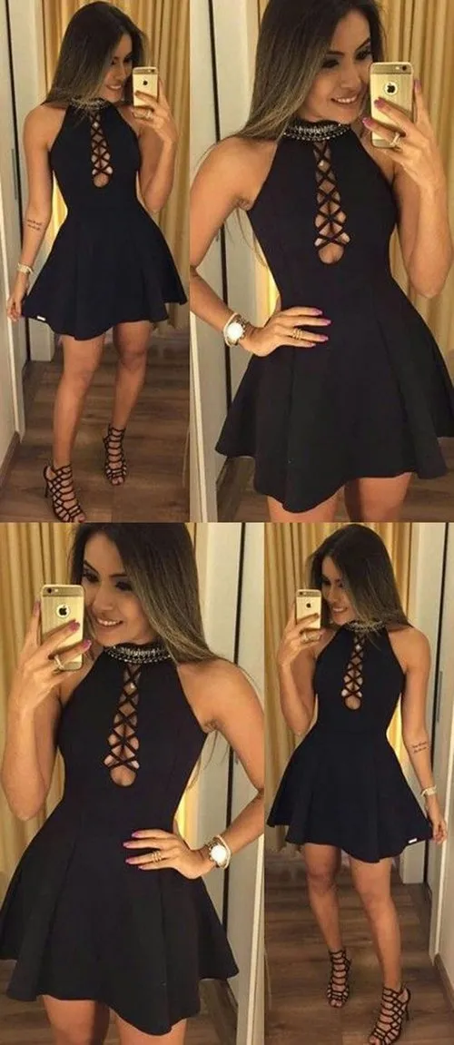 Black A-line Halter Homecoming Dress, Simple Party Dress, Short Prom Dress,  MH121