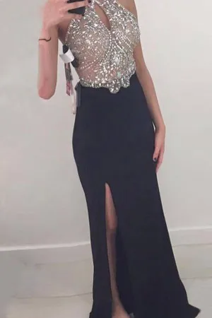 Black Beaded Sheath Sleeveless Halter Floor-Length Prom Dresses with Side Slit, MP420