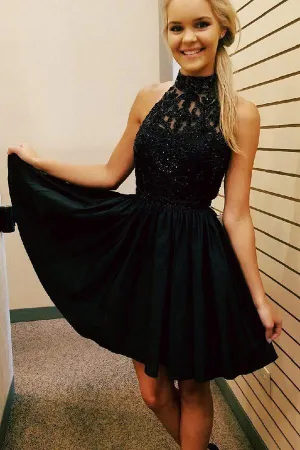 Black Halter Homecoming Dresses, Short Prom Dresses, Party Dresses Short for Girls, MH128