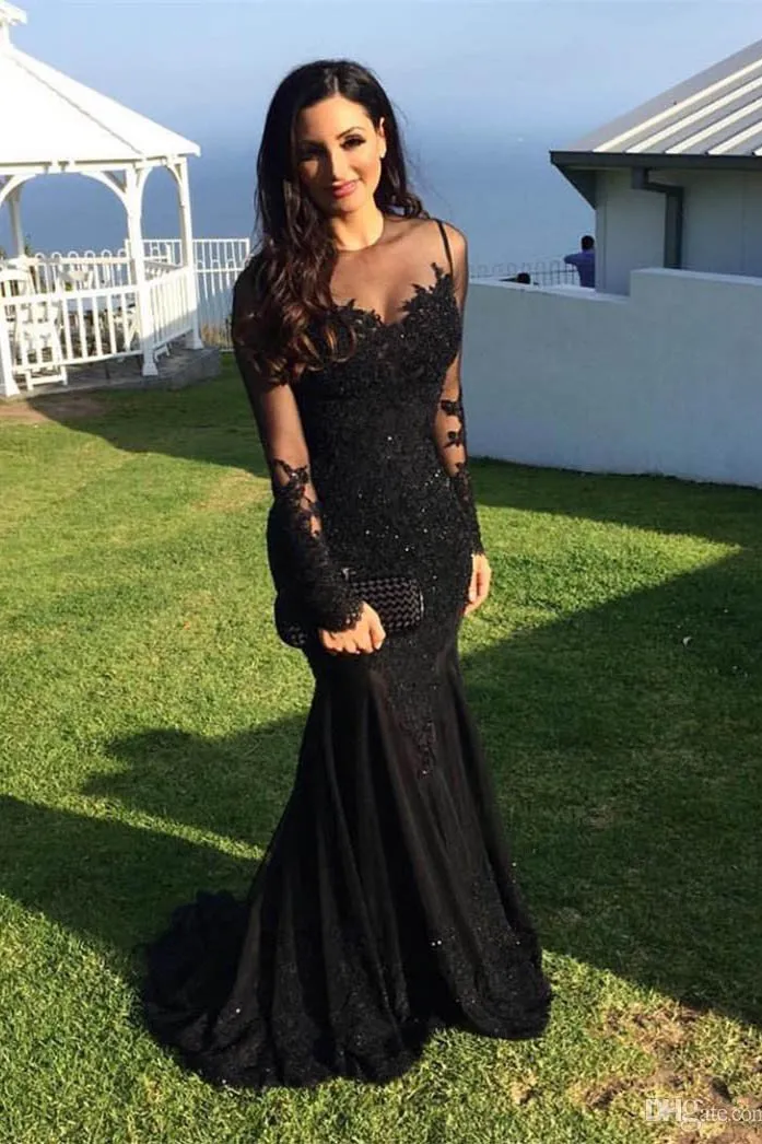 Black Mermaid Long Sleeves Prom Dresses, Evening Dress with Appliques, MP200
