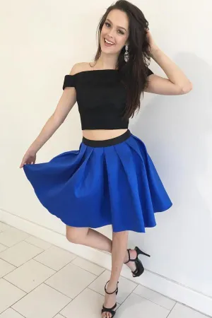 Black Top Blue Skirt Two Piece Simple Cute Homecoming Dresses, MH368