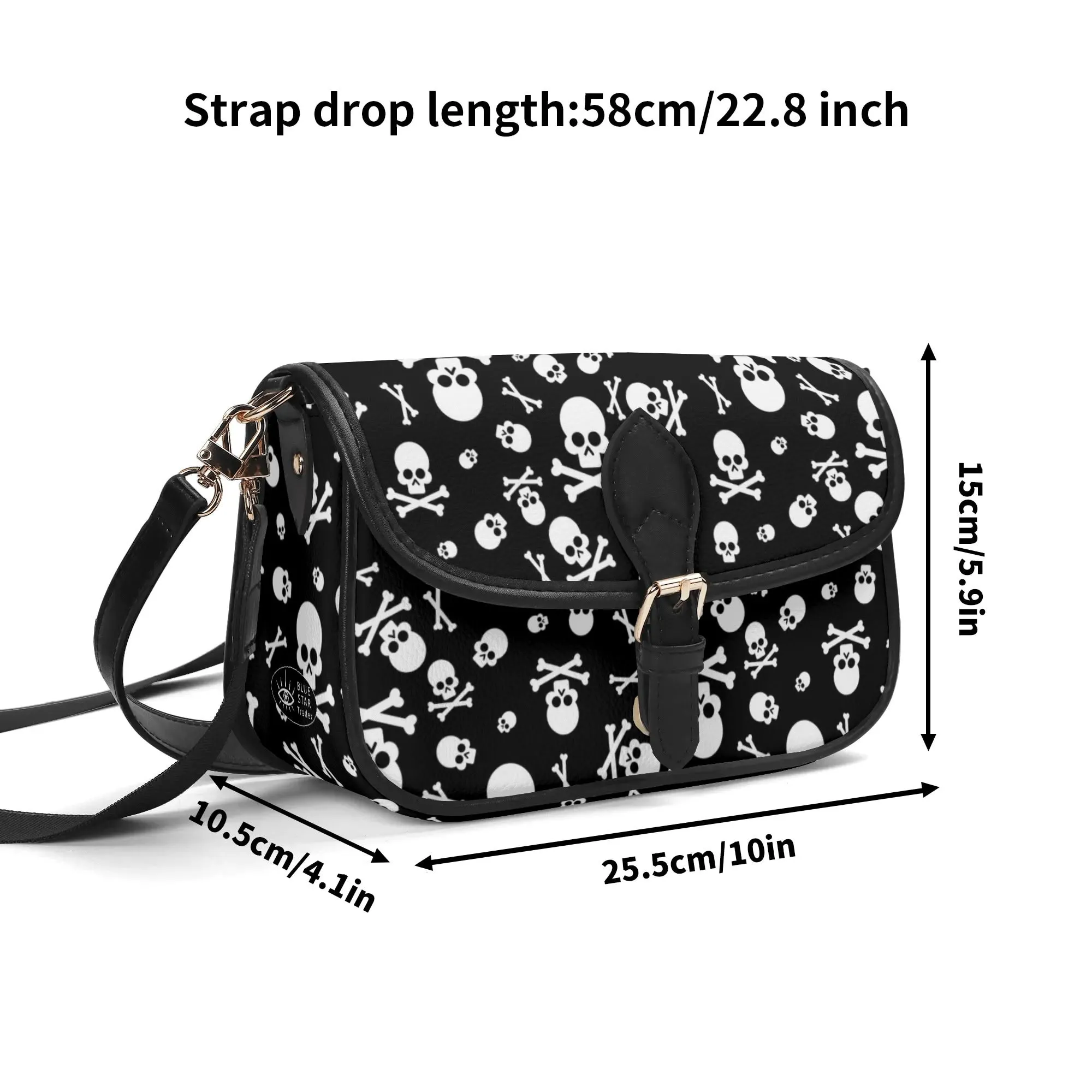 Black White Skulls and Crossbones Womens Vegan Buckle Shoulder bag