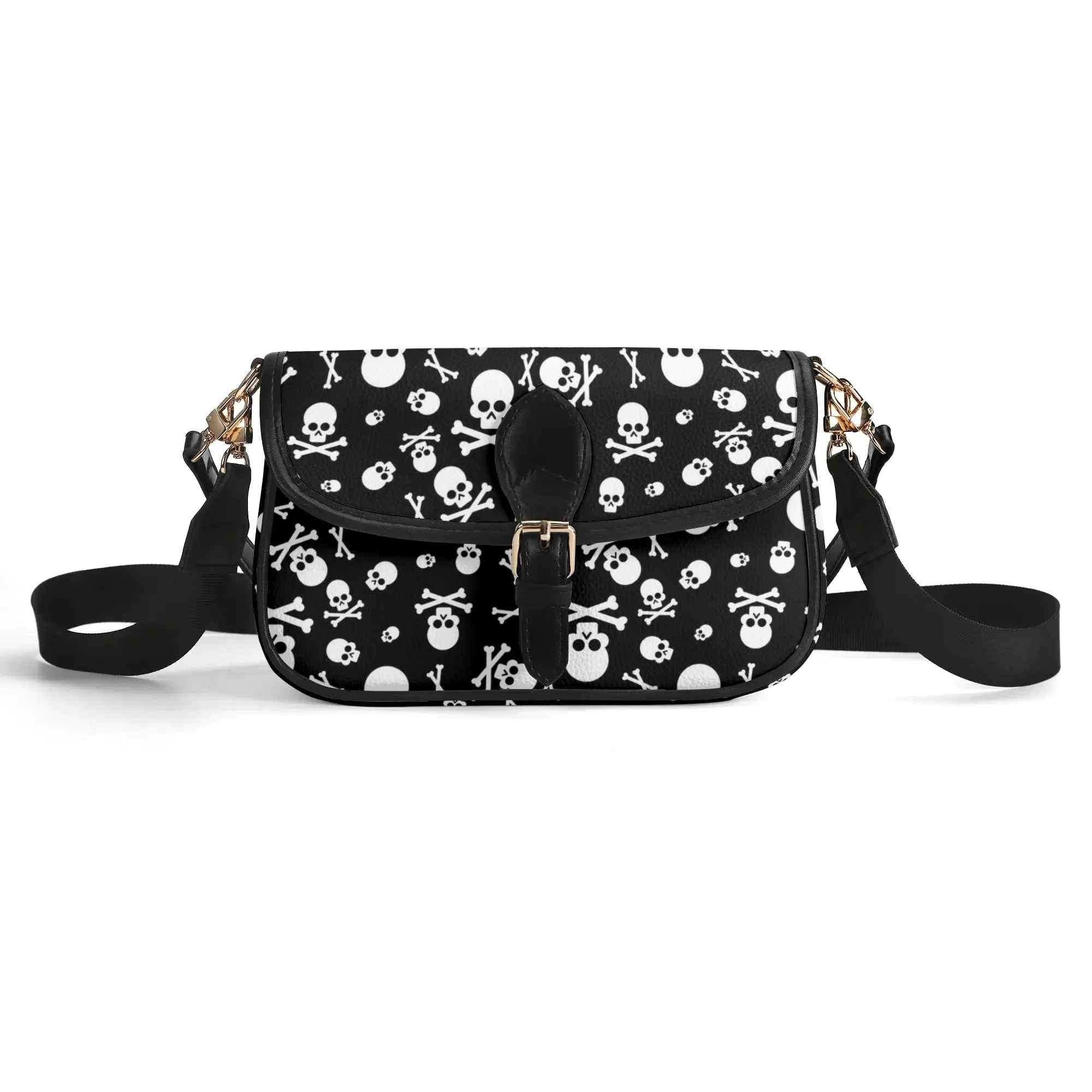 Black White Skulls and Crossbones Womens Vegan Buckle Shoulder bag