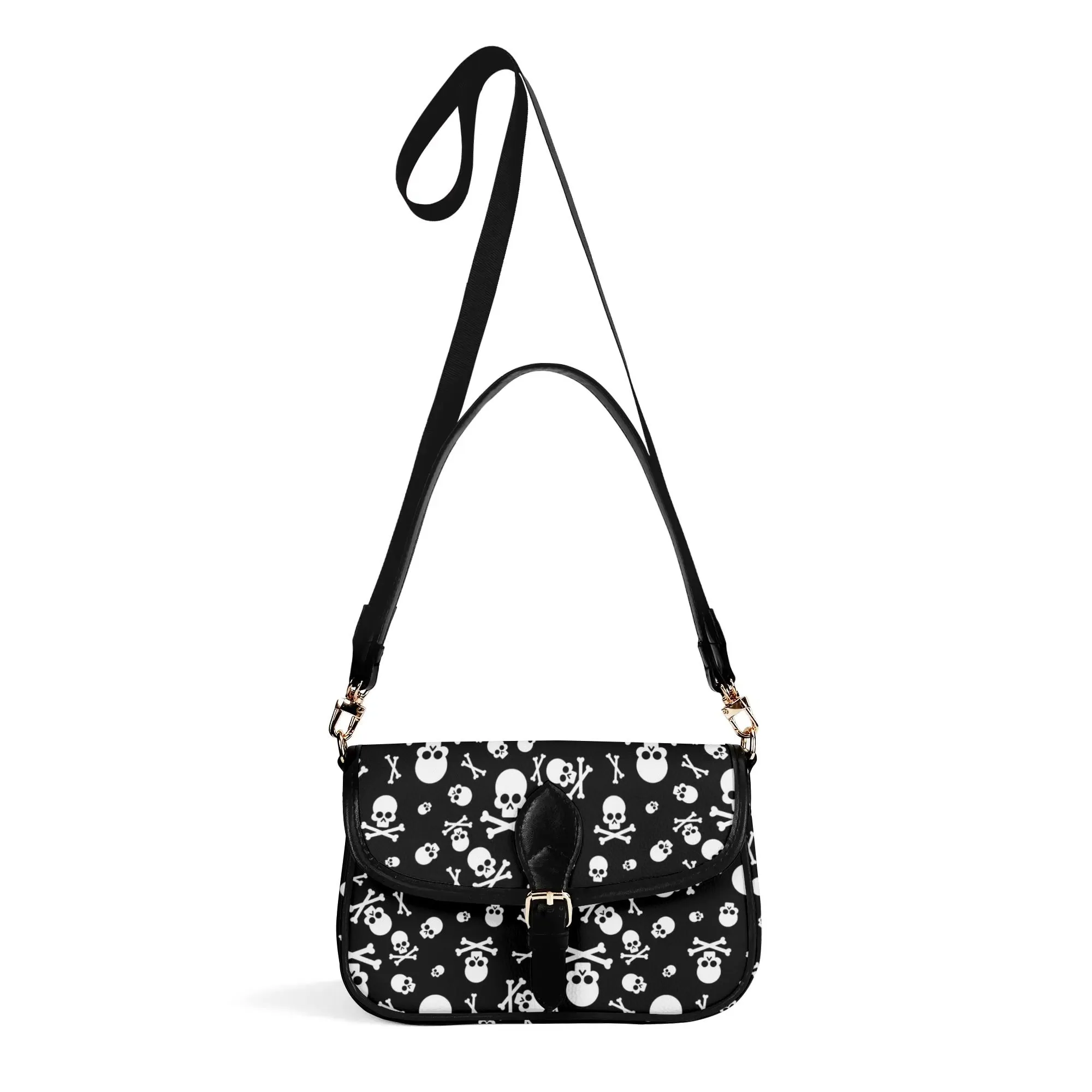 Black White Skulls and Crossbones Womens Vegan Buckle Shoulder bag