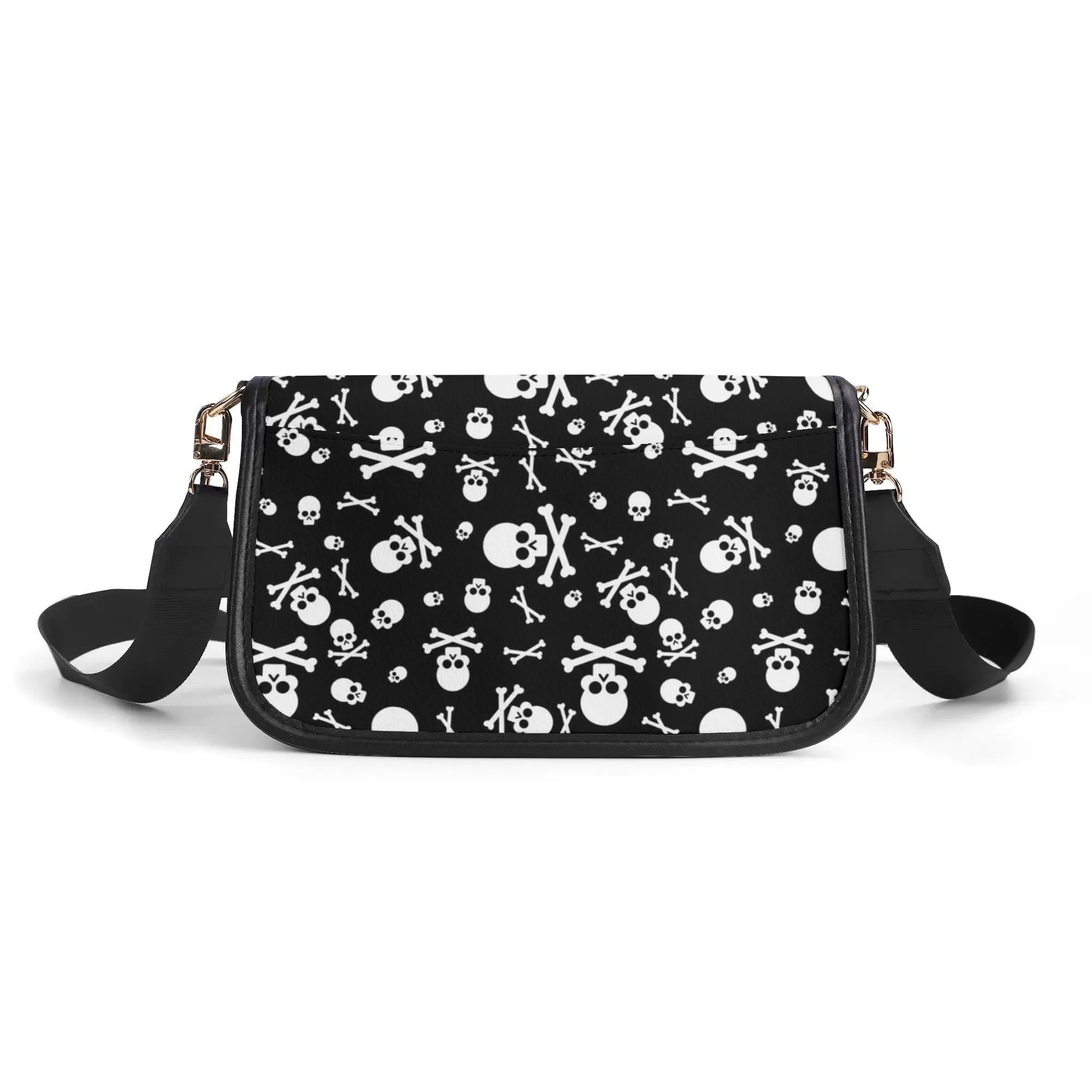 Black White Skulls and Crossbones Womens Vegan Buckle Shoulder bag