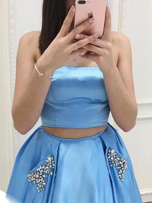 Blue A-line Strapless Satin Two Piece Long Prom Dresses with Pocket, Party Dress, MP145
