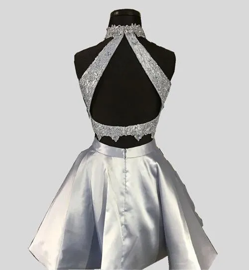 Blue Halter Two Pieces Princess Satin  Mini Homecoming Dresses,Short Prom Dress, MH376