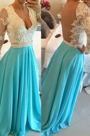 Blue Open Back V-neck Chiffon Prom Dresses, Formal Dress With Long Sleeves, MP136