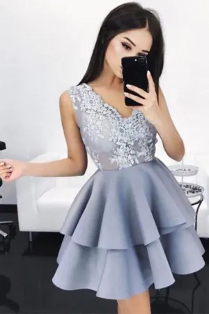 Blue Satin A-line Homecoming Dresses with Appliques, Graduation Dresses, MH322