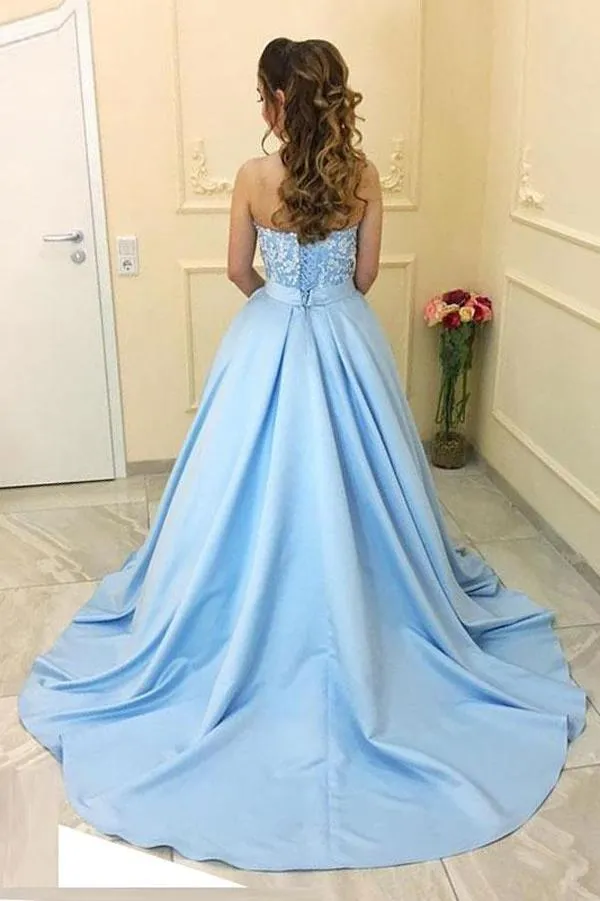 Blue Sweetheart Neck Strapless Satin A-line Princess Long Prom Dresses, MP144