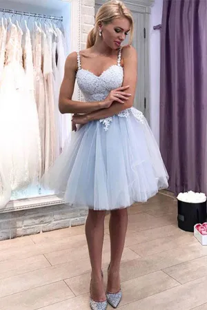 Blue Sweetheart Neck Tulle Lace Short Prom Dress, Cheap Homecoming Dress, MH138