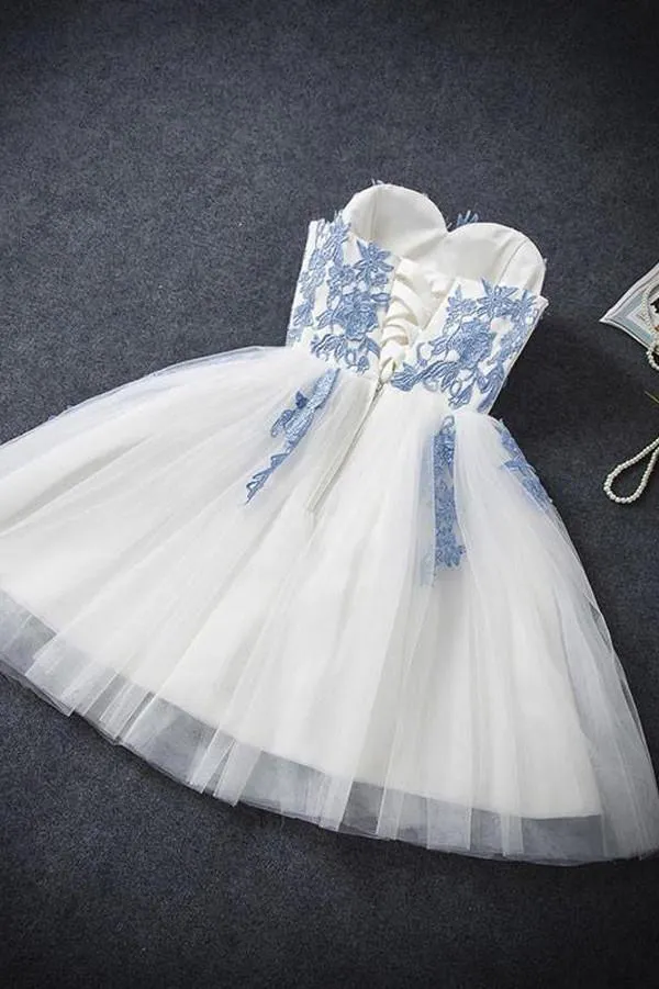 Blue Tulle A-line Strapless Short Prom Dress, Cheap Homecoming Dress, MH319