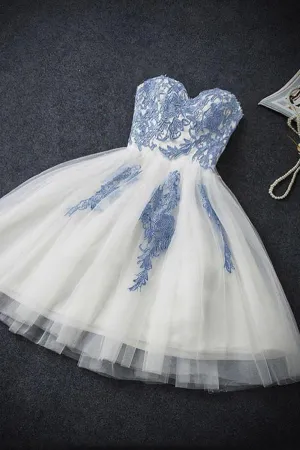 Blue Tulle A-line Strapless Short Prom Dress, Cheap Homecoming Dress, MH319