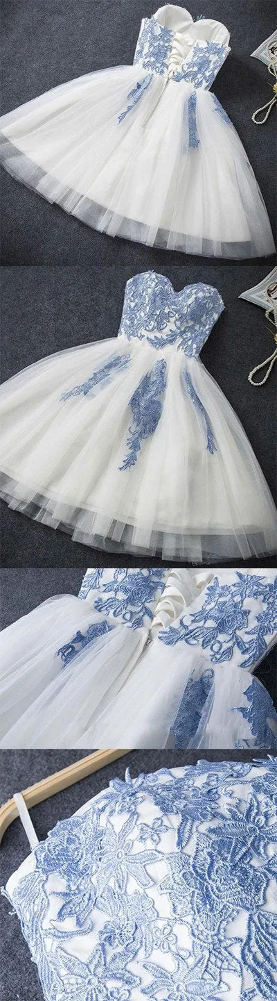 Blue Tulle A-line Strapless Short Prom Dress, Cheap Homecoming Dress, MH319