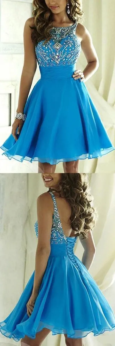 Blue Tulle Beaded Halter Open Back Homecoming Dresses, Junior Short Prom Dress, MH327