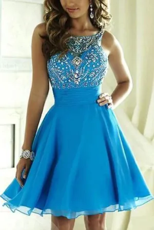 Blue Tulle Beaded Halter Open Back Homecoming Dresses, Junior Short Prom Dress, MH327