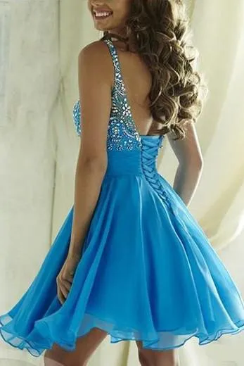 Blue Tulle Beaded Halter Open Back Homecoming Dresses, Junior Short Prom Dress, MH327