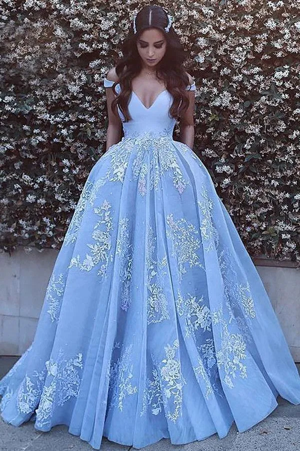 Blue Tulle Sleeveless Off Shoulder Ball Gown Sweep Train Prom Dress with Applique, MP424