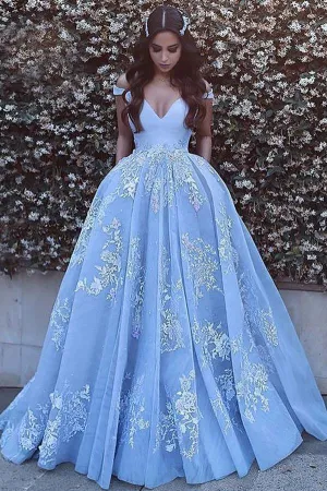 Blue Tulle Sleeveless Off Shoulder Ball Gown Sweep Train Prom Dress with Applique, MP424