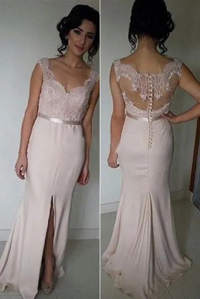 Blush Pink Bridesmaid Dresses, Bridesmaid Dress With Side Slit, Cheap Prom Dress, MB108