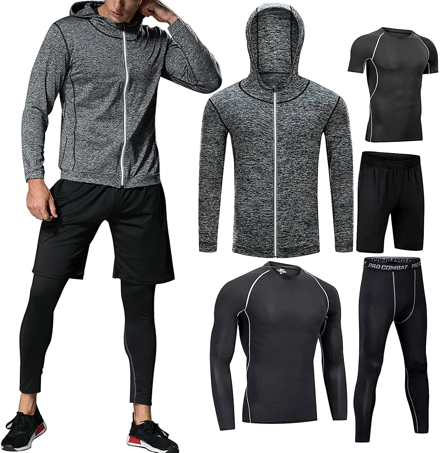 BOOMCOOL Men Workout Clothes Outfit Fitness Apparel Gym Outdoor Running Compression Pants Shirt Top Long Sleeve Jacket