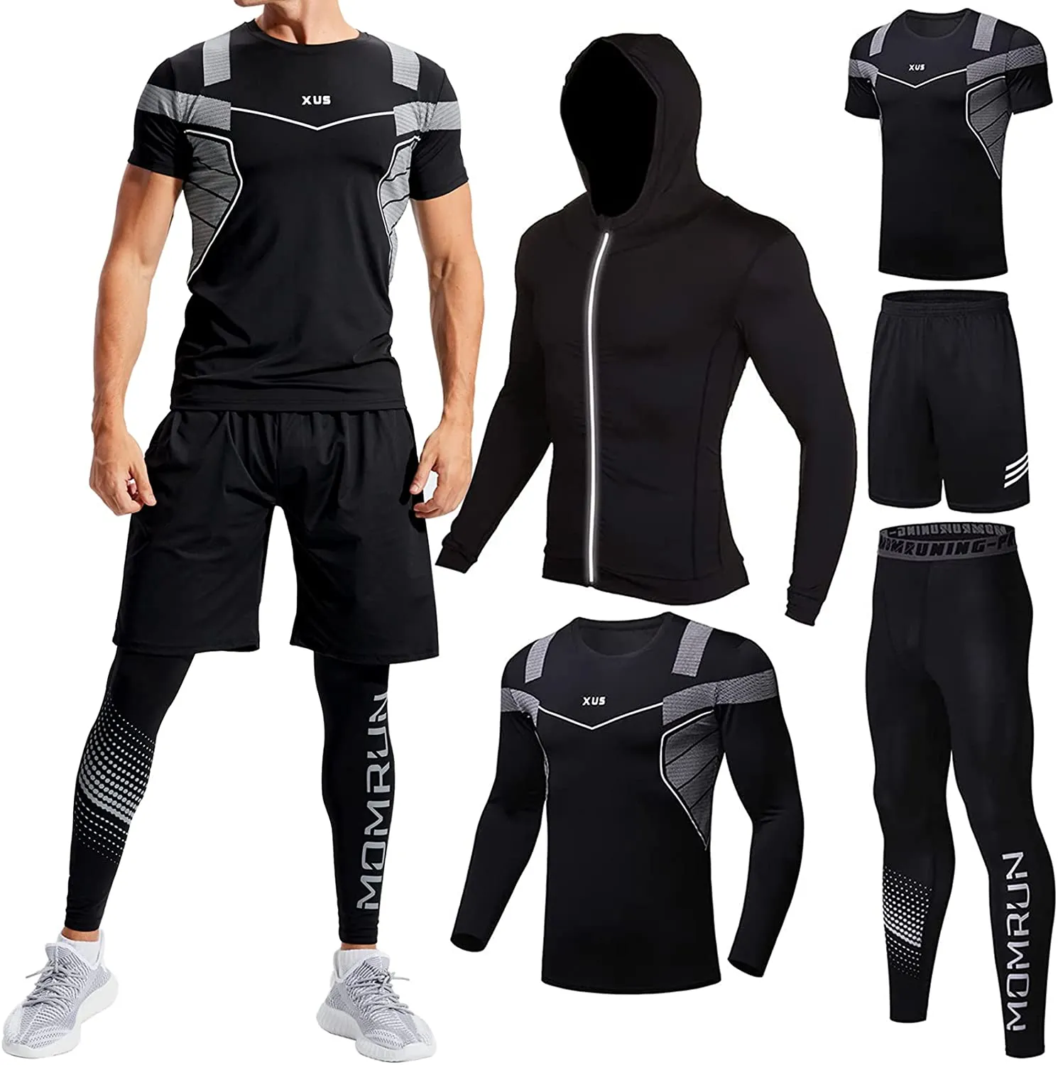 BOOMCOOL Men Workout Clothes Outfit Fitness Apparel Gym Outdoor Running Compression Pants Shirt Top Long Sleeve Jacket