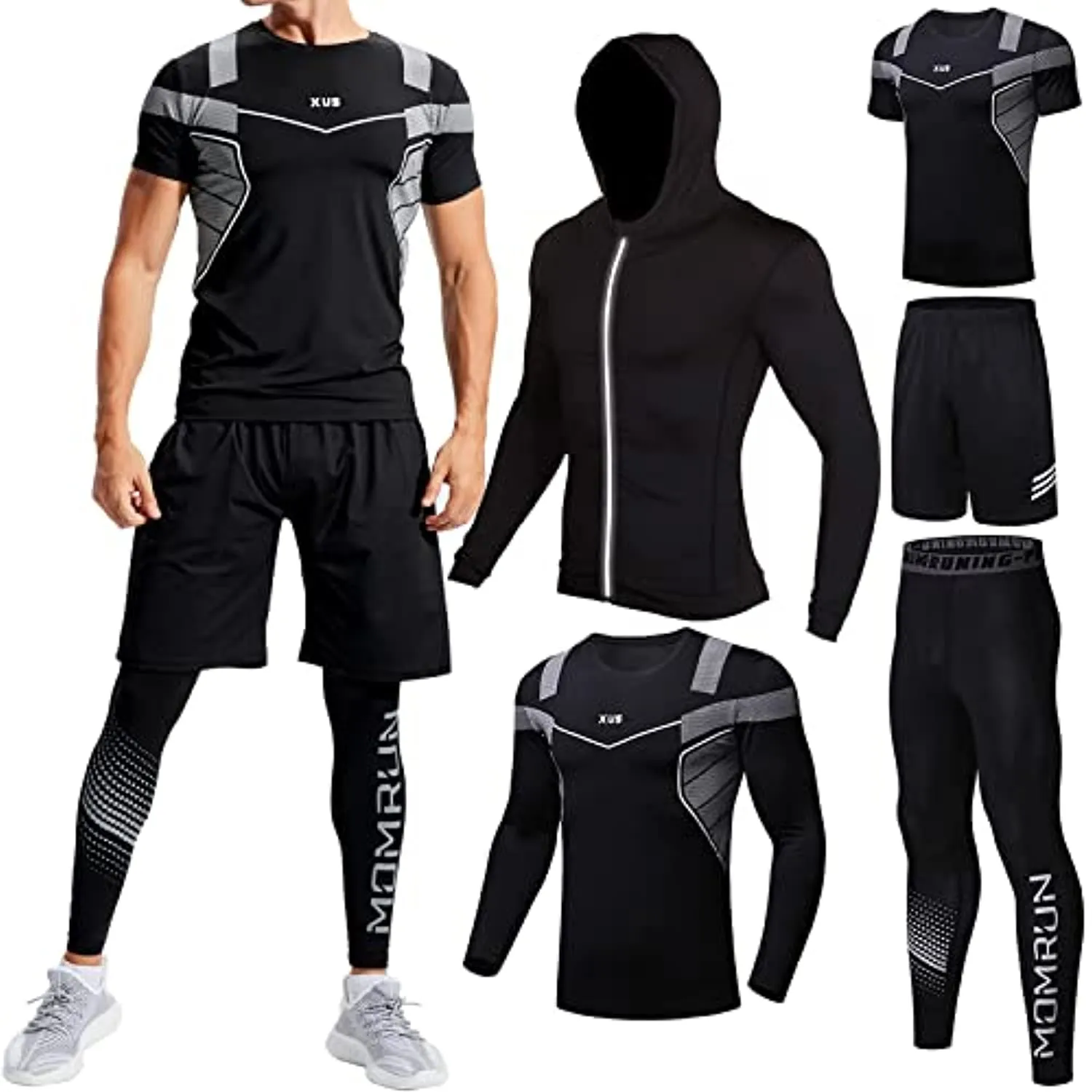 BOOMCOOL Men Workout Clothes Outfit Fitness Apparel Gym Outdoor Running Compression Pants Shirt Top Long Sleeve Jacket
