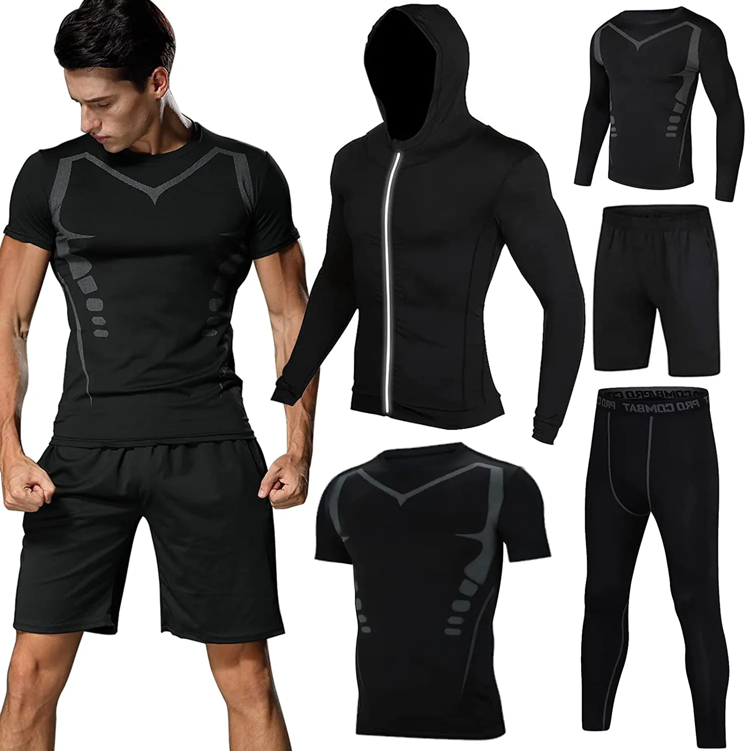 BOOMCOOL Men Workout Clothes Outfit Fitness Apparel Gym Outdoor Running Compression Pants Shirt Top Long Sleeve Jacket