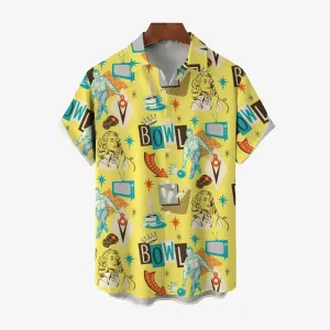 Bowling Illustration Large Size Bamboo Hemp Short-Sleeved Shirt 2406000407