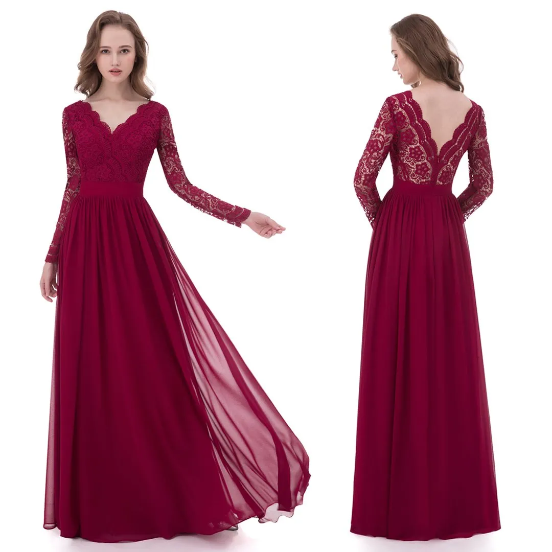 Burgundy A-line Lace V-neck Chiffon Open Back Long Bridesmaid Dresses, MB113