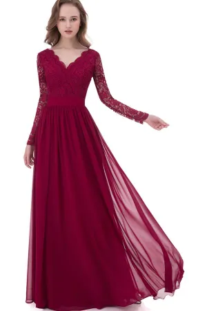Burgundy A-line Lace V-neck Chiffon Open Back Long Bridesmaid Dresses, MB113