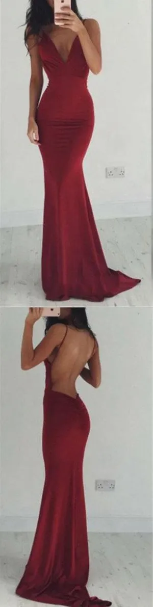 Burgundy Backless Spaghetti Straps V-neck Long Prom Dresses, Evening Dresses, MP122