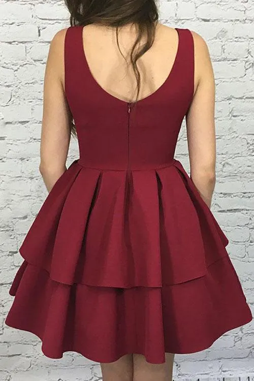 Burgundy Nice Scoop Neck Tiered Elastic Satin A-Line Homecoming Dresses, MH263
