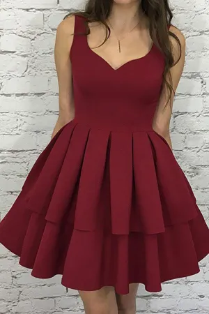 Burgundy Nice Scoop Neck Tiered Elastic Satin A-Line Homecoming Dresses, MH263
