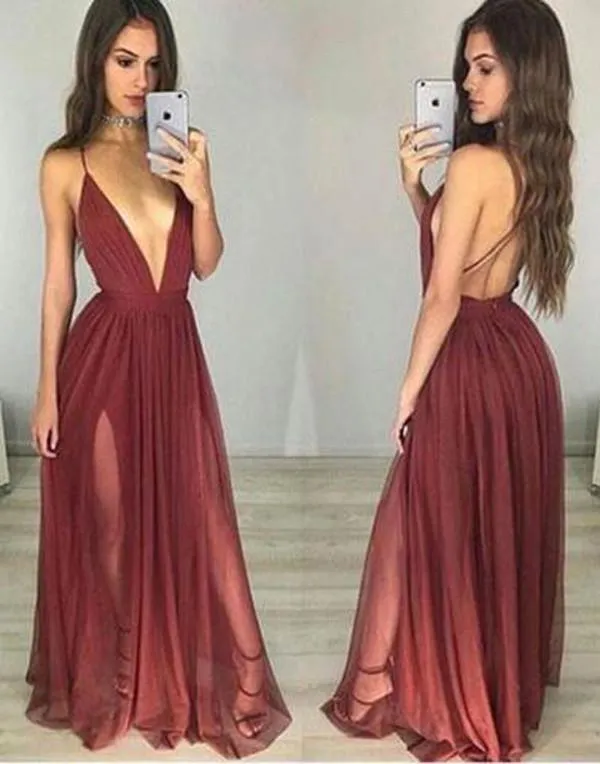 Burgundy V neck Tulle Simple Long Prom Dress, Party Dresses, Evening Dress, MP160